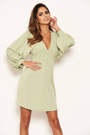 Mint Pleated V Neck Mini Dress