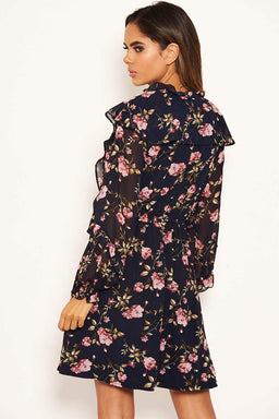 Navy Floral Button Up Frill Swing Dress