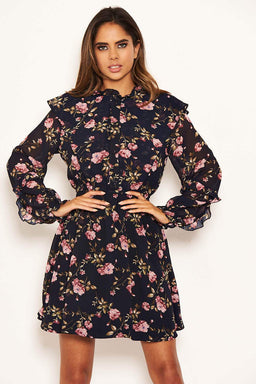 Navy Floral Button Up Frill Swing Dress