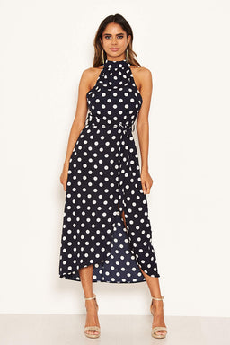 Navy Polka Dot High Neck Slit Front Dress