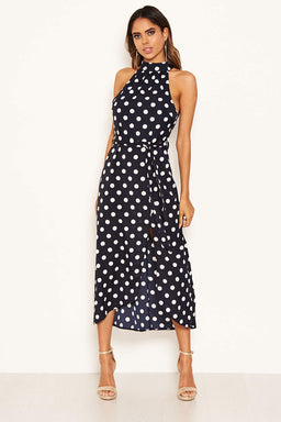 Navy Polka Dot High Neck Slit Front Dress