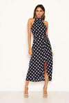 Navy Polka Dot High Neck Slit Front Dress