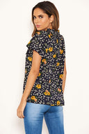 Navy Mixed Floral High Neck Top