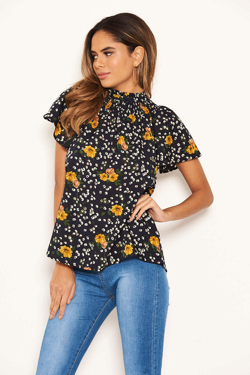 Navy Mixed Floral High Neck Top