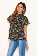 Navy Mixed Floral High Neck Top