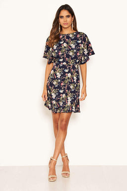 Navy Floral Print Cross Back Dress