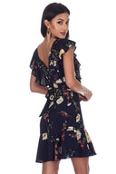 Navy Floral Dress With Frill Detail