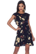 Navy Floral Dress With Frill Detail