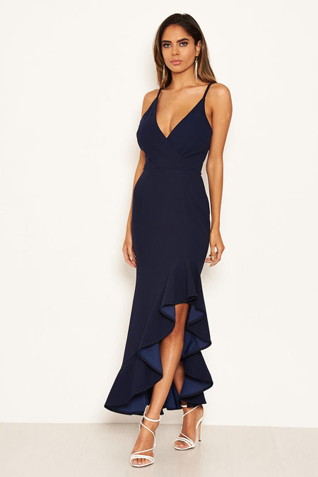 Navy Asymmetric Frill Hem Midi Dress