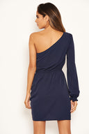 Navy One Shoulder Dress With Side Ruched Tie Detail