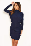 Navy Long Sleeve Back Ruched Bodycon Dress