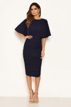 Navy Flared Sleeve Side Ruched Midi Dress