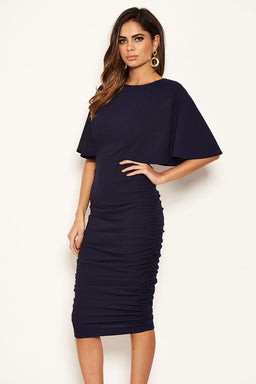 Navy Flared Sleeve Side Ruched Midi Dress