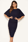 Navy Flared Sleeve Side Ruched Midi Dress