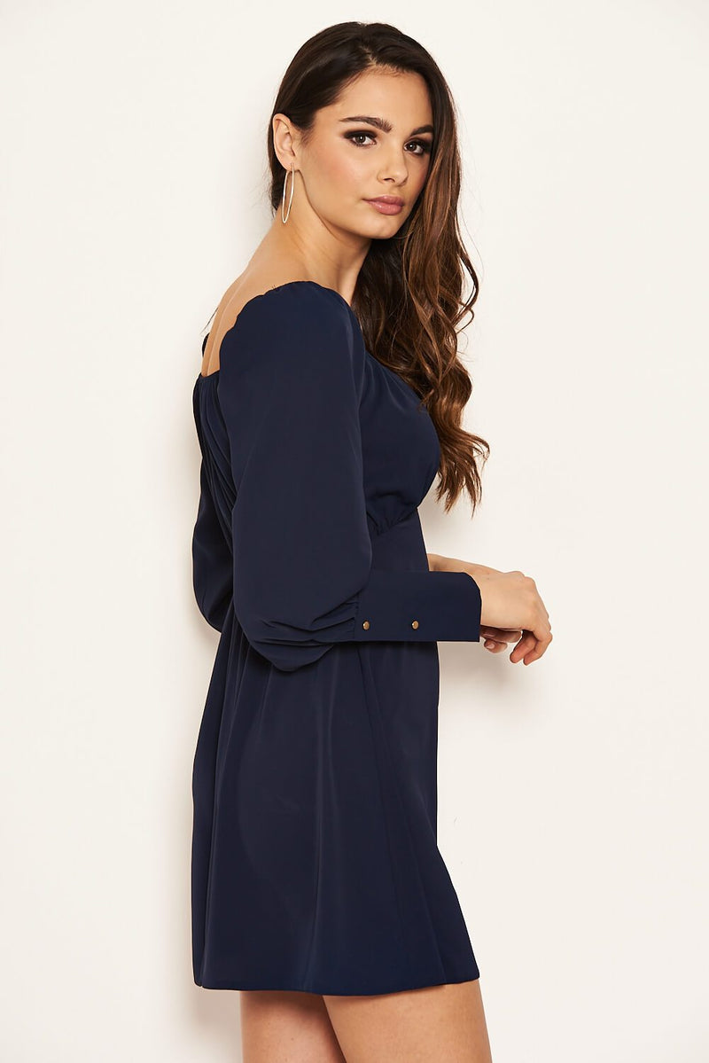 Navy Tie Neckline Long Sleeve Dress