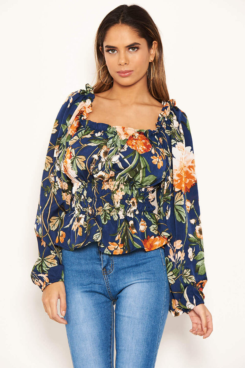 Navy Floral Square Neck Top