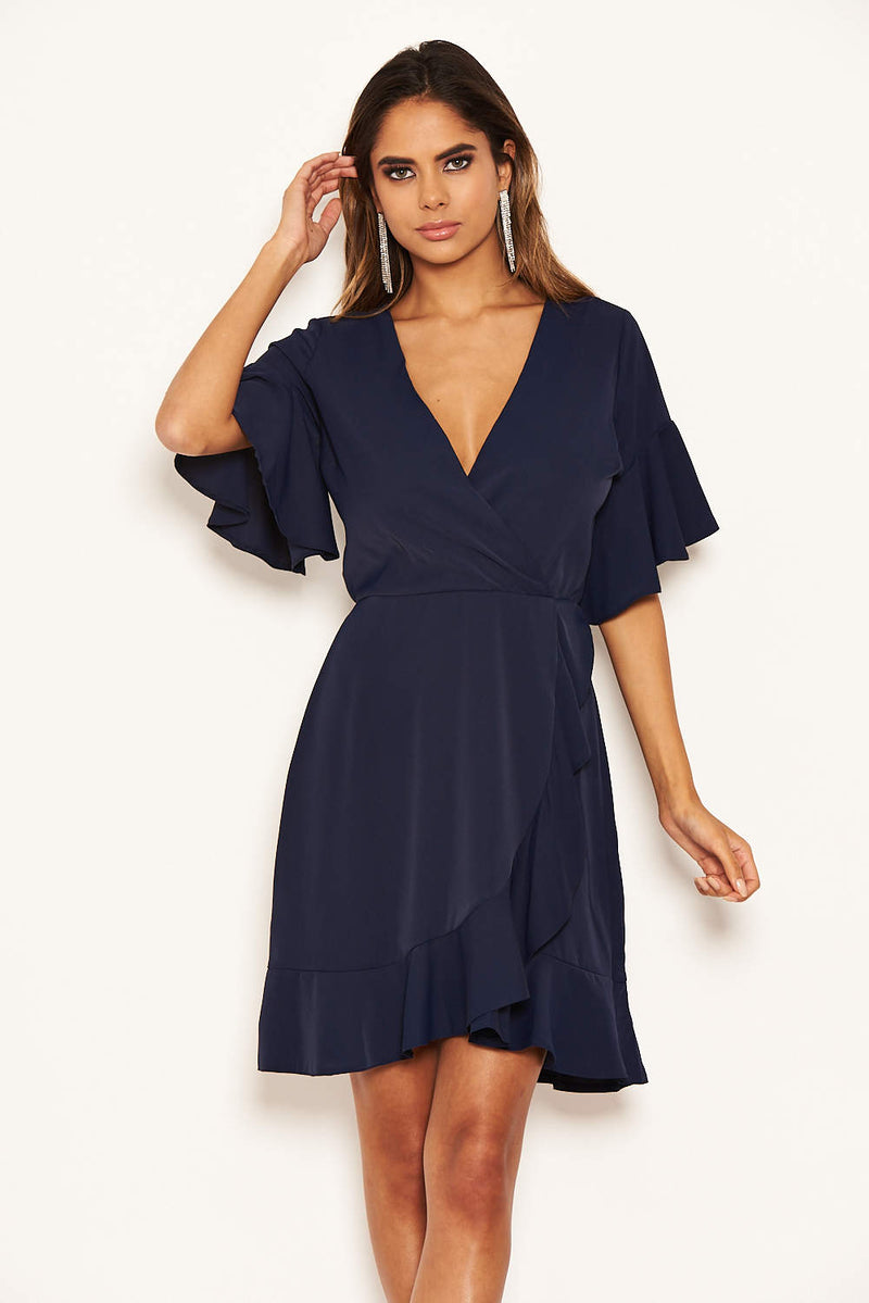 Navy Frill Sleeve Wrap Mini Dress