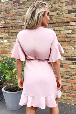 Nude Frill Sleeve Wrap Mini Dress