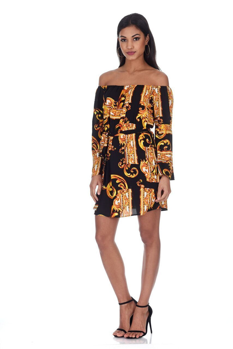 Black And Gold Patterned Off The Shoulder Shift Dress