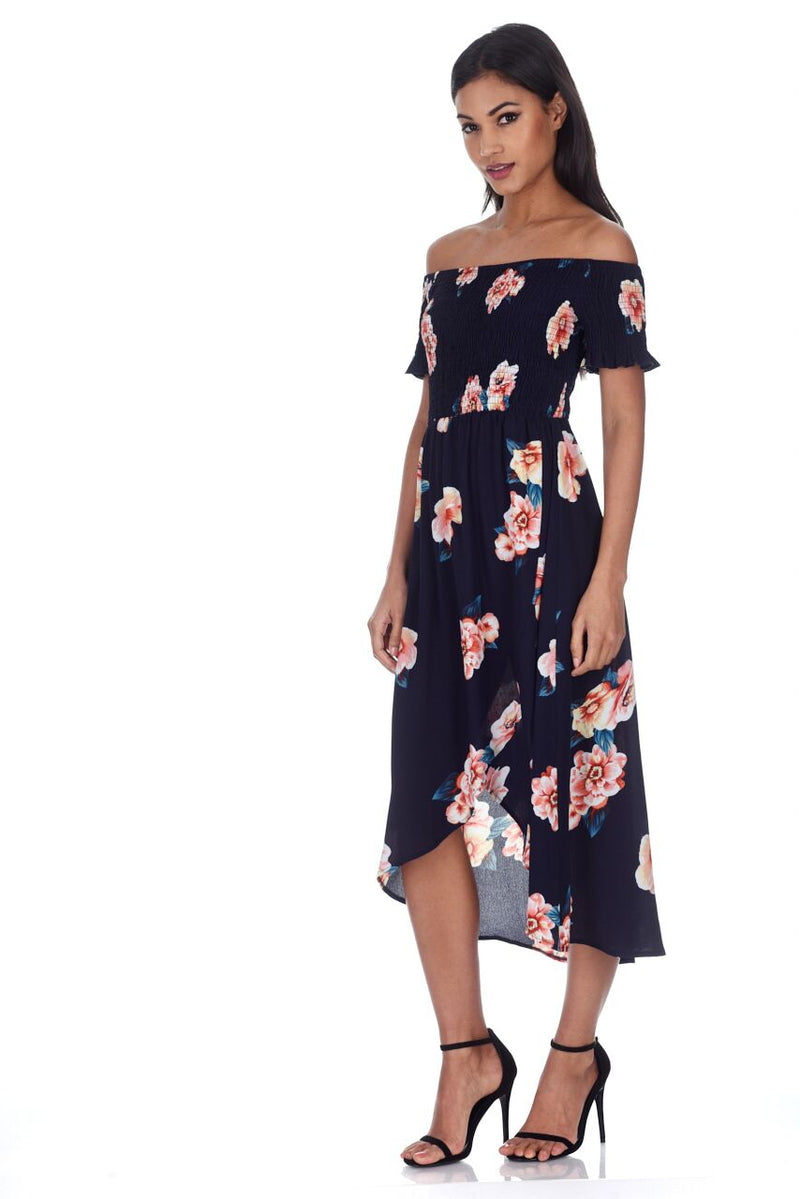 Navy Off the shoulder Elasticated Floral Dress