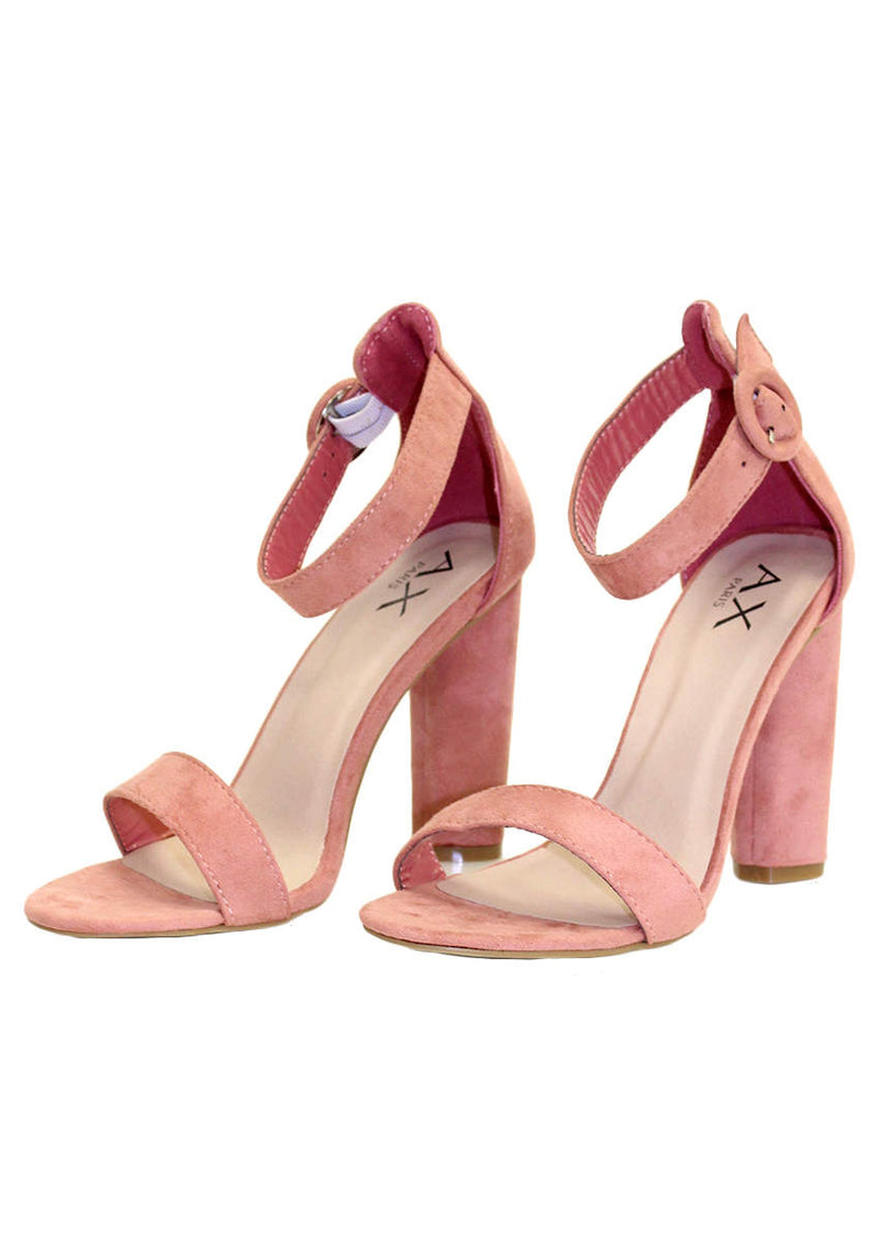 Peach Suede Heels With Thin Buckle Strap