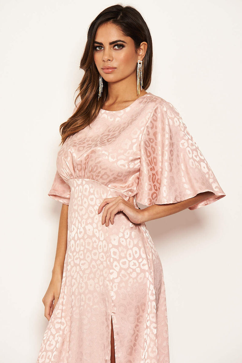 Pink Leopard Print Satin Midi Dress