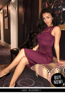 Plum Bodycon Midi Dress Crochet High Neck