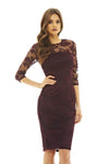 Plum Bodycon Midi Dress with Lace Sleeves