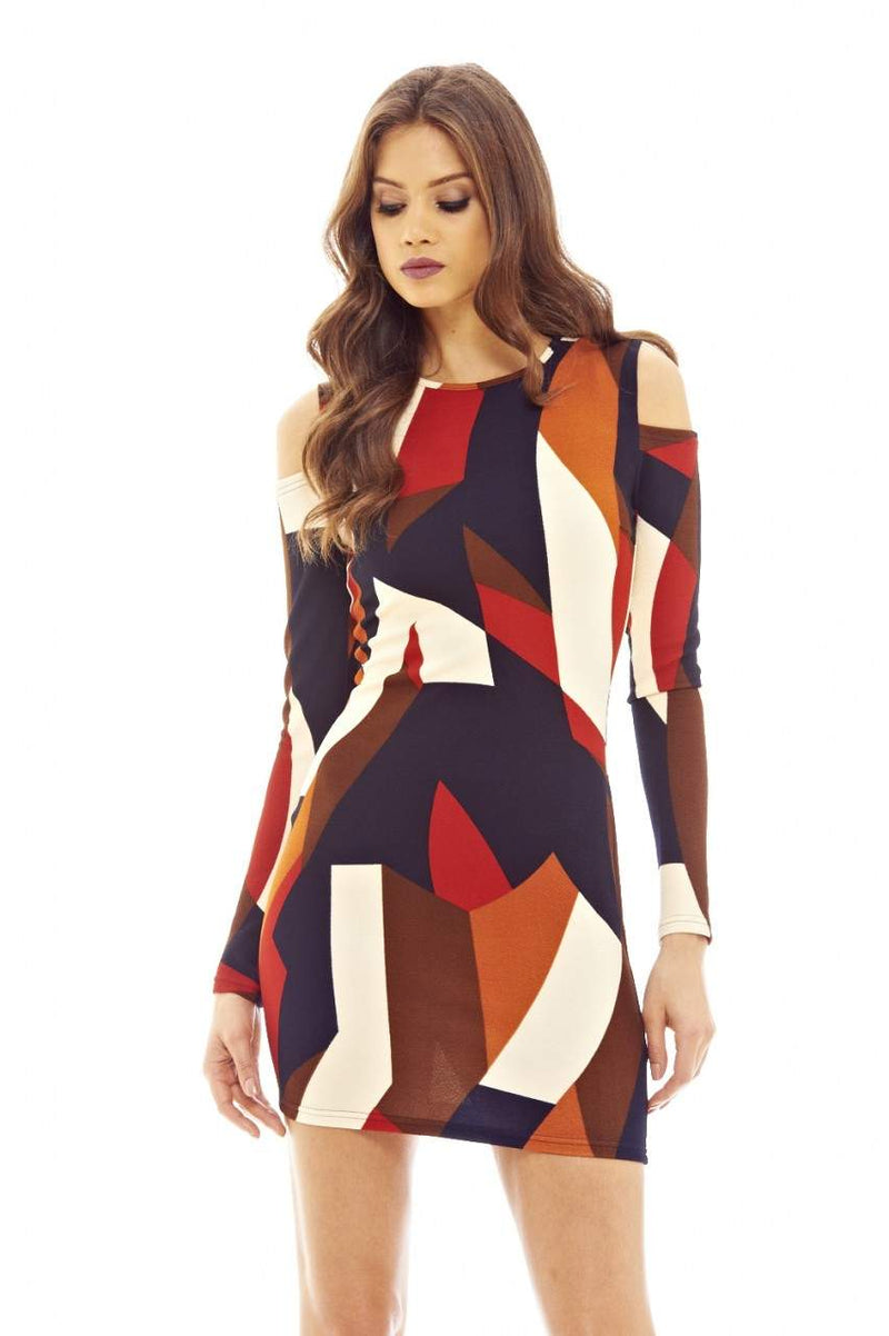 Multi-colour Printed Mini Dress with Cold Shoulder Detail