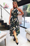 Leaf Print Asymmetric Choker Neck Maxi Dress