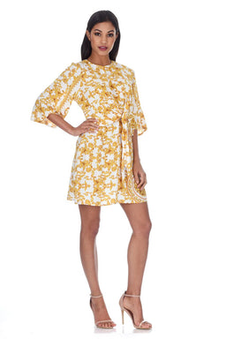 White And Gold Patterned Shift Dress With Flared Sleeves