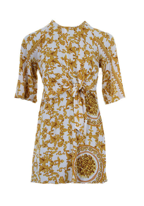 White And Gold Patterned Shift Dress With Flared Sleeves