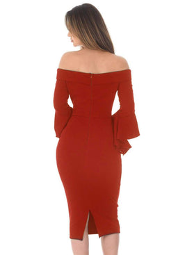 Red Notch Front Frill Sleeve Midi Dress