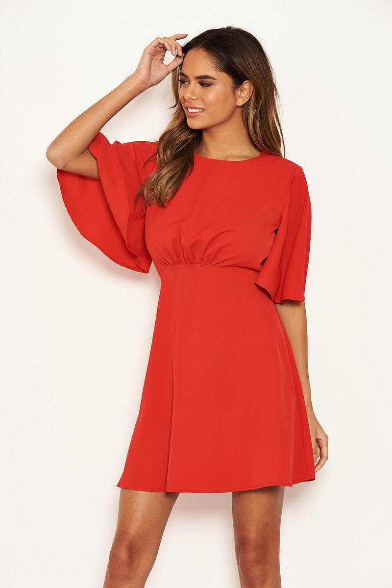 Red Gathered Waist Skater Dress