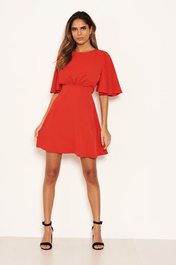 Red Gathered Waist Skater Dress