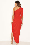 Red One Shoulder Asymmetric Split Dress