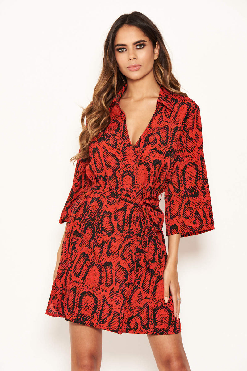 Red Snake Print Shirt Dress