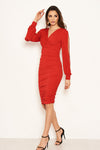 Red Split Sleeve Ruched Bodycon Dress