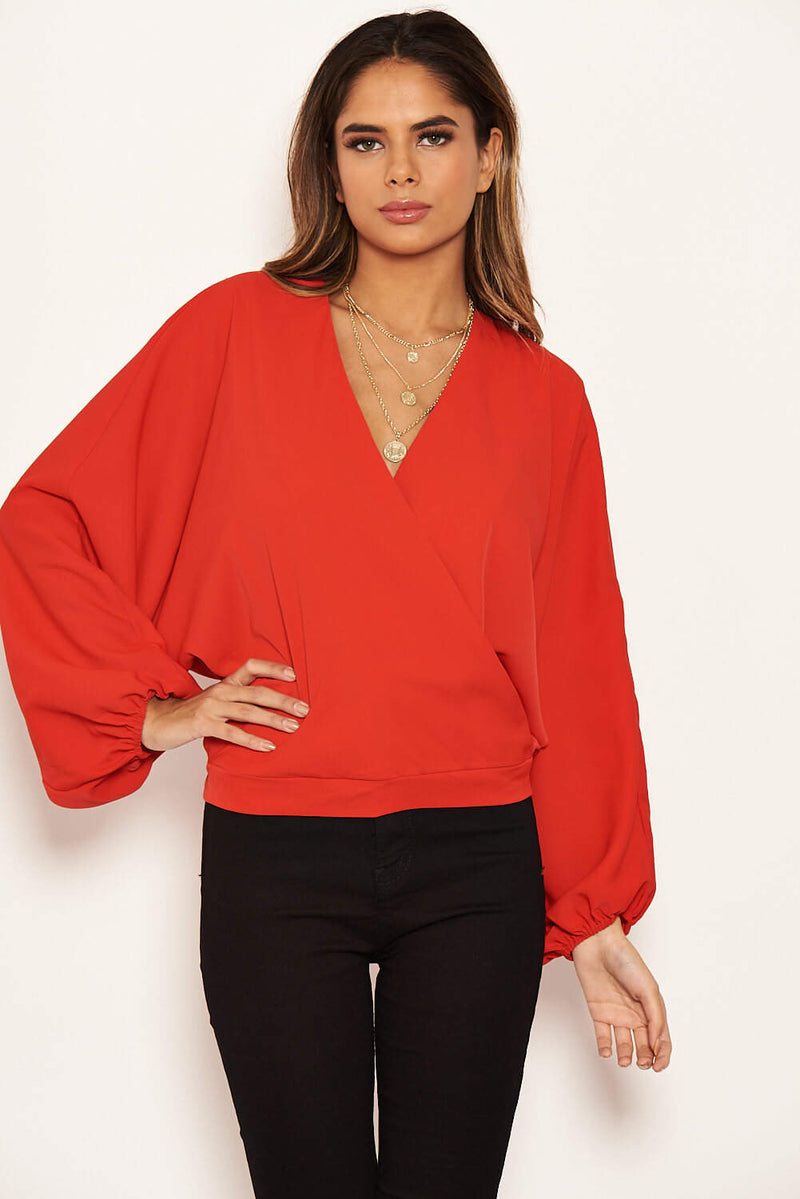 Red Wrap Batwing Sleeve Top