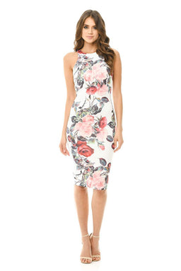 Sleeveless Bodycon Midi Dress with Rose Print