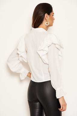 Cream Cropped Frill Sleeve Shirt
