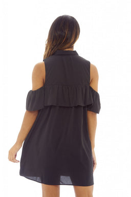 Black Ruffle Cold Shoulder Shirt Dress
