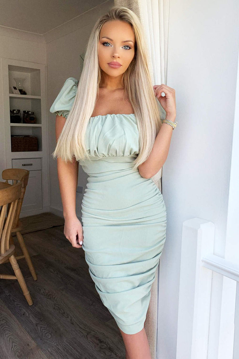 sage green ruched bodycon dress Over and Over Sage Green Ribbed Drawstring Ruched Bodycon Dress