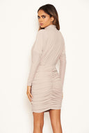 Silver Long Sleeve Back Ruched Bodycon Dress