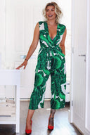 Tropical Print Jumpsuit With V-Neckline