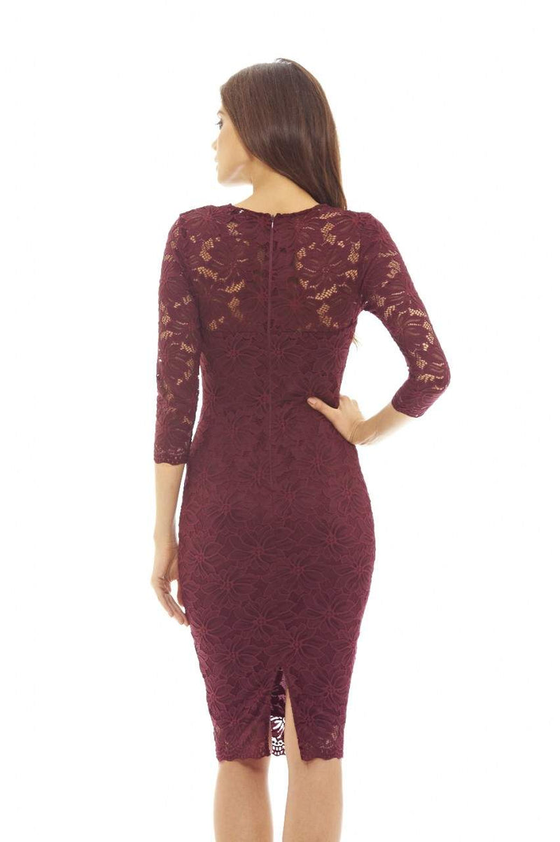 Wine Midi Bodycon Dress with Lace Detail