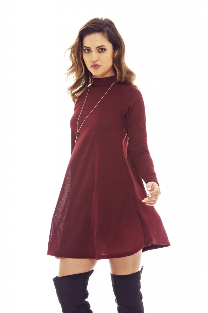 Red Wine Knitted Swing Dress with Turtle Neck Style