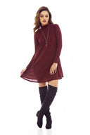 Red Wine Knitted Swing Dress with Turtle Neck Style
