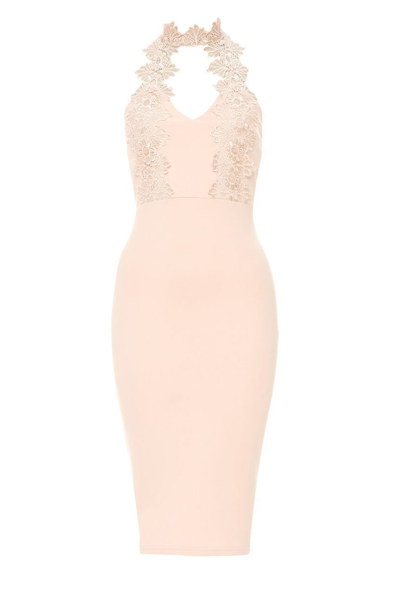 Pink Halterneck Choker Dress With Lace Detail
