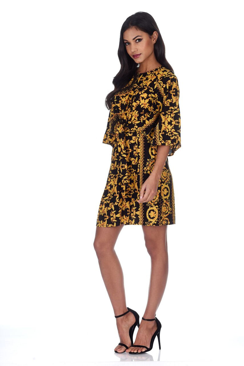 Black And Gold Patterned Shift Dress With Flared Sleeves